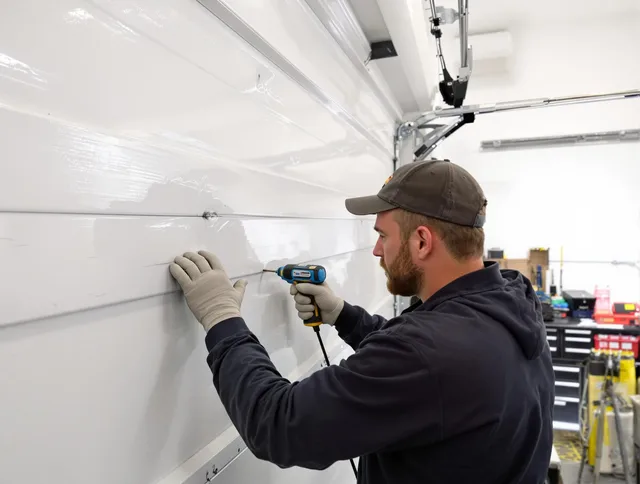 Port Orange Garage Door Repair technician demonstrating precision dent removal techniques on a Port Orange garage door