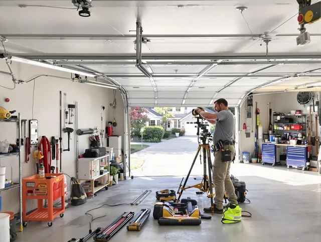 Port Orange Garage Door Repair specialist performing laser-guided track alignment in Port Orange